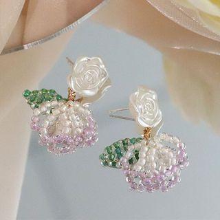 Flower Drop Earring 1 Pair - Green & Pink & White - One Size