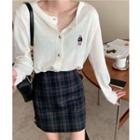 Long-sleeve Bear Embroidered Button-up Top / Plaid Skirt (various Designs)