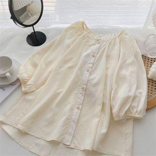 Elbow-sleeve Round Neck Plain Blouse