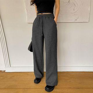 Drawstring Knit Wide-leg Pants Charcoal Gray - One Size