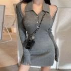 Collared Knit Mini Bodycon Tank Dress / Long-sleeve Shrug