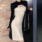 Long-sleeve Two-tone Cutout Knit Mini Bodycon Dress