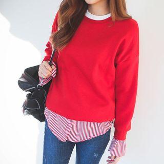 Mock Striped Shirt-layered Sweatshirt