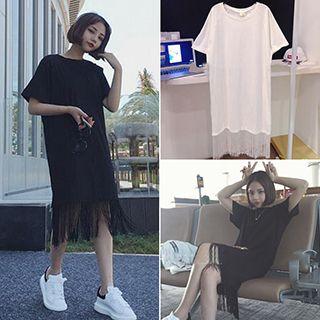 Fringe Hem Short Sleeve Midi T-shirt Dress