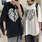Short-sleeve Leopard Print Heart T-shirt