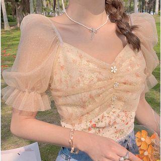 Short-sleeve Flower Print Mesh Panel Blouse