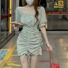 Puff-sleeve Plaid Drawstring A-line Dress