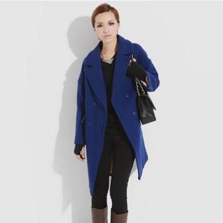 Double-breasted Lapel Knit Coat Blue - One Size
