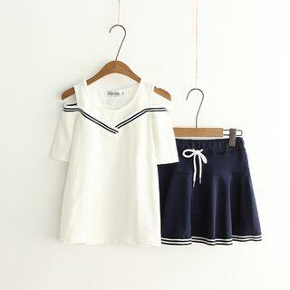 Set: Cold Shoulder Short-sleeve T-shirt + A-line Skirt