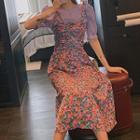 Puff-sleeve Blouse / Flower Print Spaghetti Strap Midi A-line Dress
