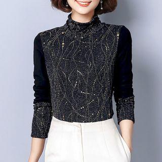 Feather Print Long-sleeve Turtleneck Top