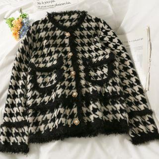 Fringed-trim Houndstooth Loose Jacket