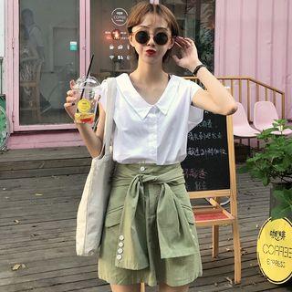 Sleeveless Shirt / Set: Belt + A-line Mini Skirt