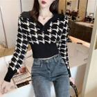 Long-sleeve Open-collar Houndstooth Cropped Knit Top