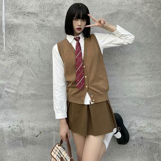 Plain Shirt / Button-up Sweater Vest / A-line Skirt