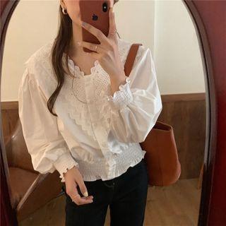Puff-sleeve Lace Trim Collar Plain Top White - One Size