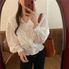 Puff-sleeve Lace Trim Collar Plain Top White - One Size
