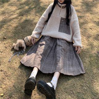 Plaid Midi Skirt / Fleece Half-zip Sweatshirt