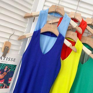 V-neck Plain Open Back Skinny Mini Dress