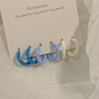 Set Of 3: Acrylic Open Hoop Earring Set Of 3 - Silver Needle - Blue & White - One Size