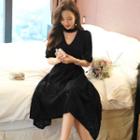 Elbow-sleeve Cutout Midi Lace A-line Dress