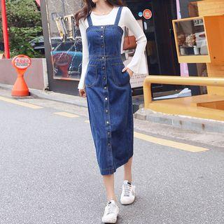 Buttoned A-line Midi Denim Dungaree Dress