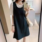 Set: Puff-sleeve Blouse + Mini Overall Dress Black - One Size