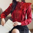 Tie-neck Ruffle Long-sleeve Blouse