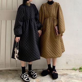 Balloon-sleeve Padded Midi A-line Dress
