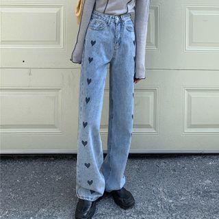 High-waist Heart Printed Jeans
