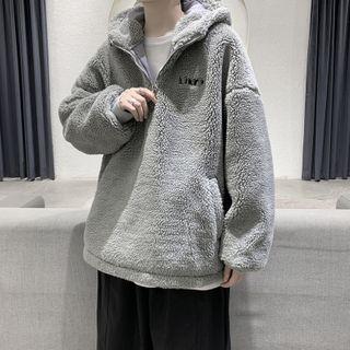 Lettering Embroidered Fleece Half-zip Hoodie