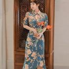 Short-sleeve Cutout Floral Print Midi Qipao Dress