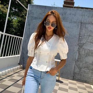 Puff-sleeve Double-breasted Tie-waist Blouse