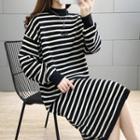 Long-sleeve Striped Mock-neck Knit Midi Dress