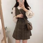 Puff-sleeve Blouse / Plaid Overall Dress