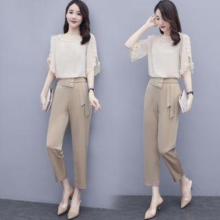 Set: Elbow-sleeve Chiffon Blouse + Dress Pants