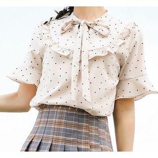 Polka Dot Short-sleeve Tie-neck Blouse