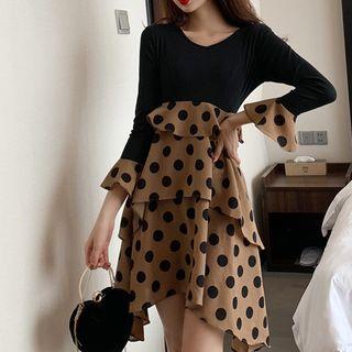 Polka Dot Panel Tiered A-line Dress