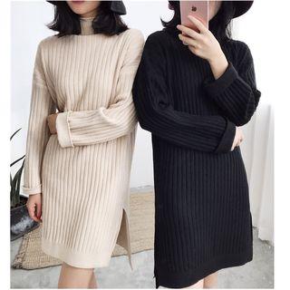 Long-sleeve Slit-side Mini Knit Dress Black - One Size