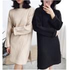 Long-sleeve Slit-side Mini Knit Dress Black - One Size