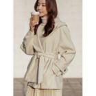 Hooded Short Wrap Coat With Sash