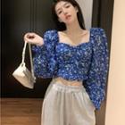 Puff-sleeve Square Neck Floral Blouse Floral - Blue - One Size