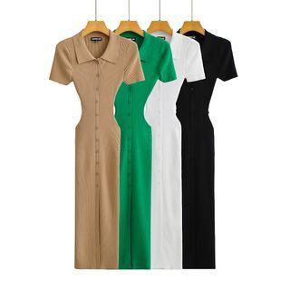 Short-sleeve Collar Button-up Midi Sheath Dress