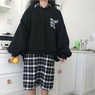 Plaid Long-sleeve Shirt Dress / Lettering Sweatshirt