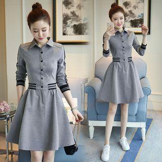 Long-sleeve Contrast-trim Mini A-line Shirtdress