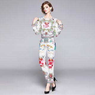 Set: Long-sleeve Floral Print Top + Pants