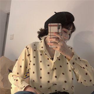 Long-sleeve Dotted Blouse Beige - One Size