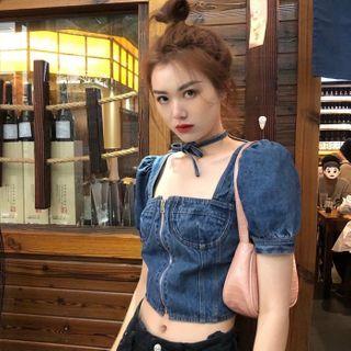 Square-neck Short-sleeve Cropped Denim Top