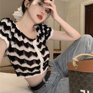 Short-sleeve Striped Crop Pointelle Knit Top