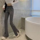 High-waist Jacquard Slit Boot-cut Pants Black & White - One Size